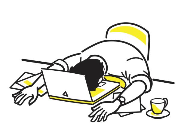 Very tired at work Vector illustration character of tired businessman sleeping on laptop, at his desk, presenting to overloaded working, exhausted, weary. Line draw style, simple design. napping illustrations stock illustrations