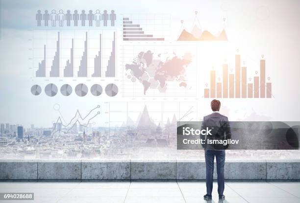 Businessman On Roof Graphs And City Stock Photo - Download Image Now - Market Research, Sketch, Adult