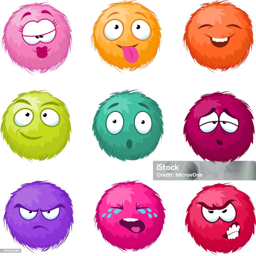 Divertido historieta colorida bola esponjosa vector borrosos caracteres conjunto. Monstruos con diferentes emociones - arte vectorial de Monstruo libre de derechos
