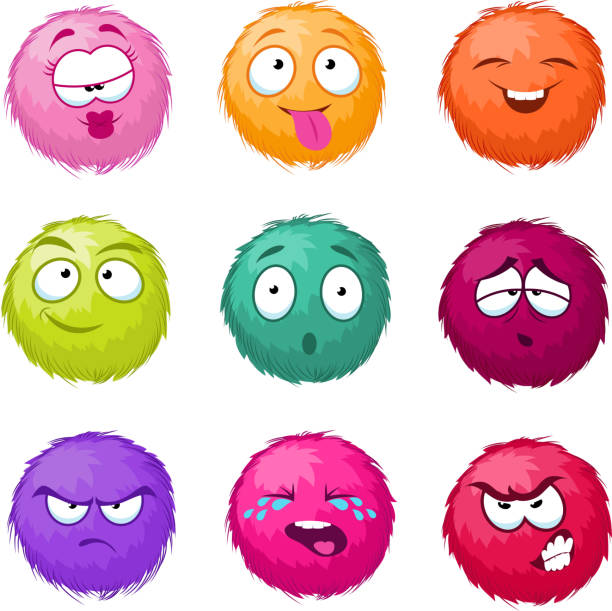 ilustrações, clipart, desenhos animados e ícones de desenho animado colorido bola fofa vector difusa caracteres definido. monstros com emoção diferente - hairy