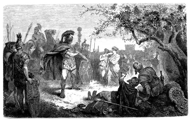 Gaius Marcius Coriolanus Illustration of a Gaius Marcius Coriolanus, a Roman general Returning to Rome as an Enemy roman centurion stock illustrations
