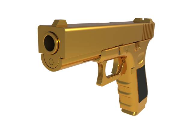 istock Isometric view of gold semi automatic 9x19 handgun isolated on white background, 3D rendering 694041392