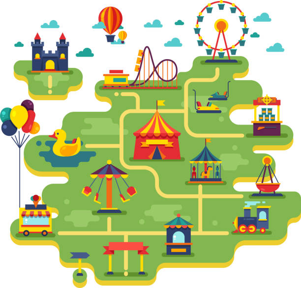 ilustraciones, imágenes clip art, dibujos animados e iconos de stock de diversión familiar parque de atracciones mapa del vector. entretenimiento en fondo de vector de vacaciones - park and ride