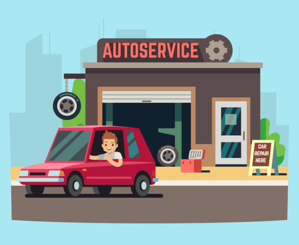 Car service station or repair garage with happy customer vector illustration Car service station or repair garage with happy customer vector illustration. Service for repair car machine mechanic workshop stock illustrations