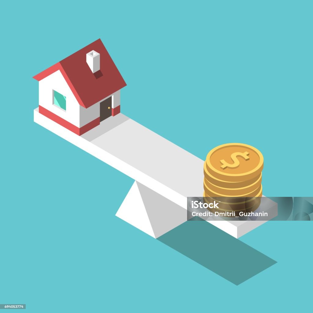 House, coins, weight scales Small isometric house and gold dollar coins on weight scales. Real estate, price, finance and home concept. Flat design. EPS 8 compatible vector illustration, no transparency, no gradients House stock vector