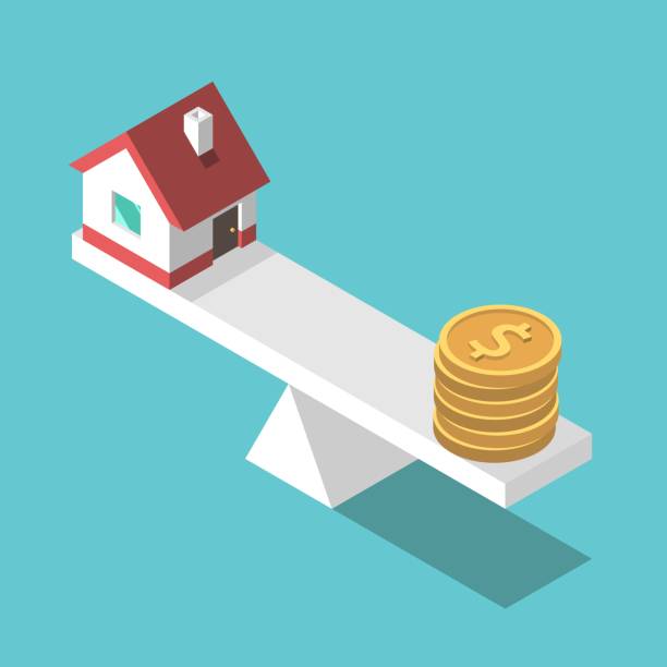 House, coins, weight scales Small isometric house and gold dollar coins on weight scales. Real estate, price, finance and home concept. Flat design. EPS 8 compatible vector illustration, no transparency, no gradients money house stock illustrations
