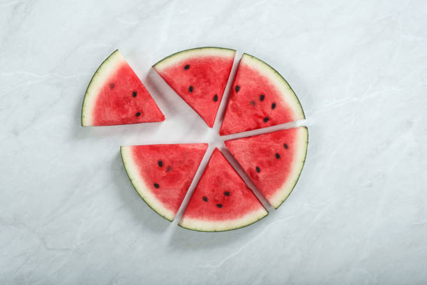 pie chart shaped fresh organic watermelon slices on the table fruit, watermelon, slice, fresh, organic, summer, chart melon photos stock pictures, royalty-free photos & images