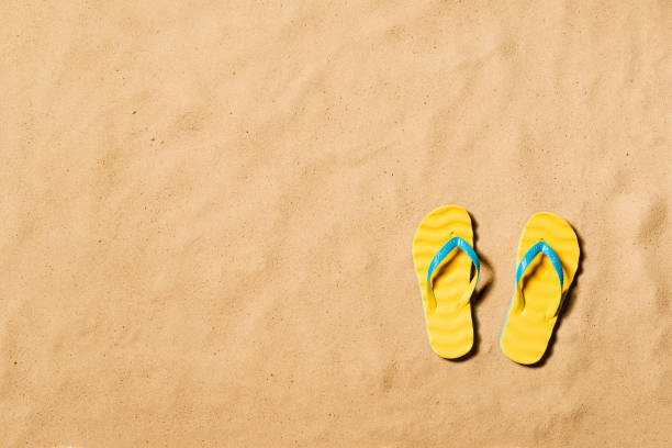 istock Summer vacation background with a pair of flip flop sandals. 694061436