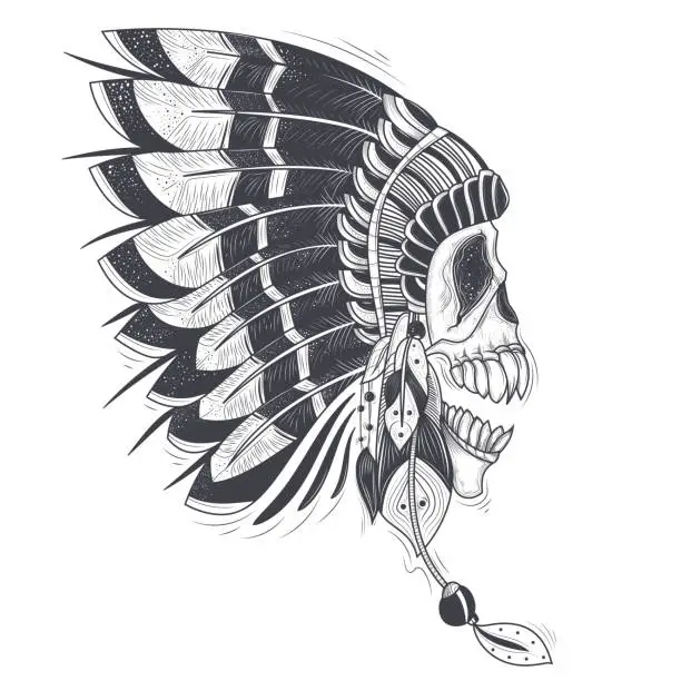 Vector illustration of Vector illustration of a template for a tattoo with a human skull in an indian feather hat.