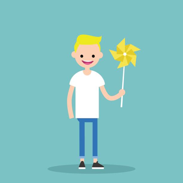 Young happy character holding a toy windmill / flat editable vector illustration, clip art Young happy character holding a toy windmill / flat editable vector illustration, clip art clip art of dumb blonde stock illustrations