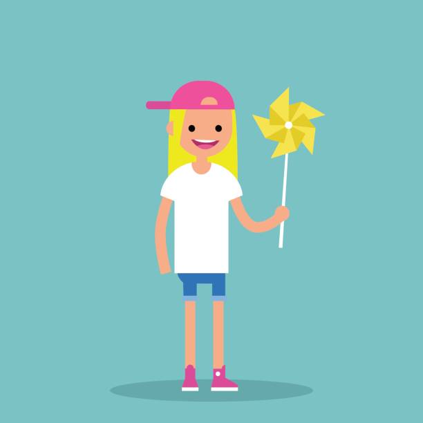 Young happy female character holding a toy windmill / flat editable vector illustration, clip art Young happy female character holding a toy windmill / flat editable vector illustration, clip art clip art of dumb blonde stock illustrations