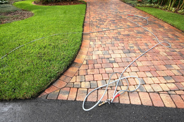 Paver driveway pressure cleaned stock photo