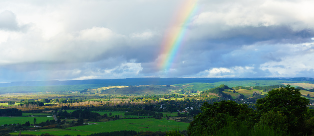 Panaoramic image of Taupo lookout with rainbow , Taupo , North Island of New Zealand