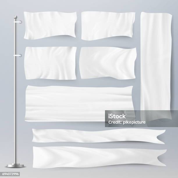 Realistic Template Blank White Flags Vector Advertising Flag Banner And Fabric Canvas Poster For Advertising Illustration Stock Illustration - Download Image Now