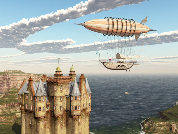 istock Fantasy airship and Scottish castle 694073050