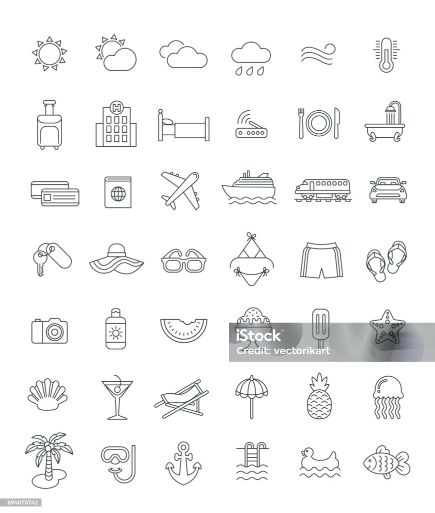 Sommer-Urlaub-Reisen-dünne Linie-Vektor-icons - Lizenzfrei Lineart Vektorgrafik