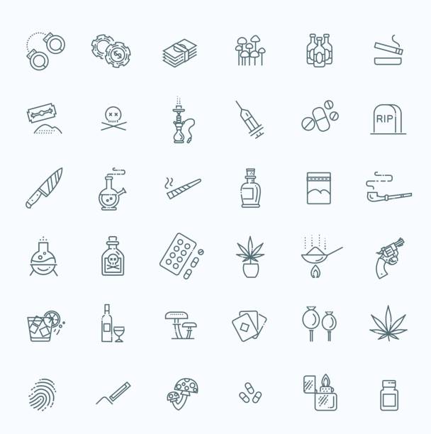 ilustrações de stock, clip art, desenhos animados e ícones de simple set of drugs related vector line icons - narcotic medicine symbol marijuana