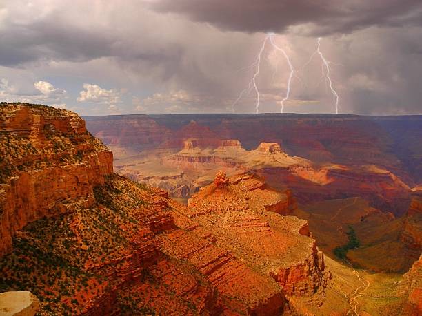 istock Aerial View Of Lightning Above Mountains Against Dramatic Sky 694082623