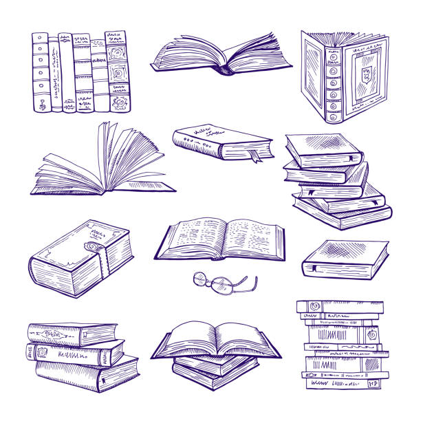 Set of different books. Hand drawn vector sketch. Doodle illustrations isolate on white Set of different books. Hand drawn vector sketch. Doodle illustrations isolate on white. Book doodle sketch, literature for library and education learning borders stock illustrations