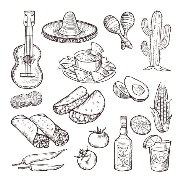 fast food i inne elementy kultury meksykańskiej. sombrero, gitara, tequila i tacos. zestaw ręczny wektorowy - pepper chili pepper frame food stock illustrations