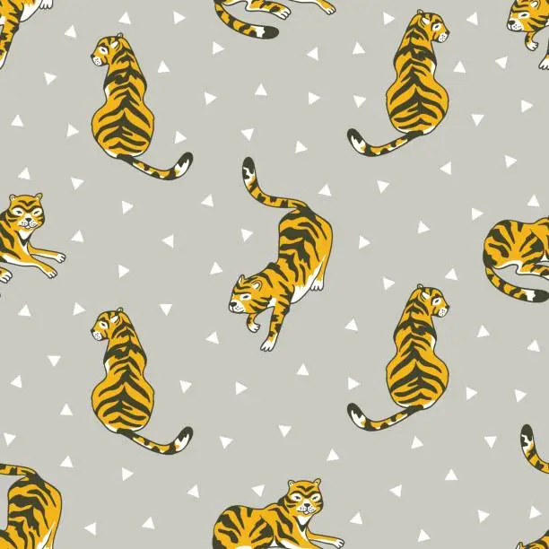 Vector illustration of Vector seamless pattern with tigers and triangles isolated on the grey background. Animal  background for fabric or wallpaper boho design.