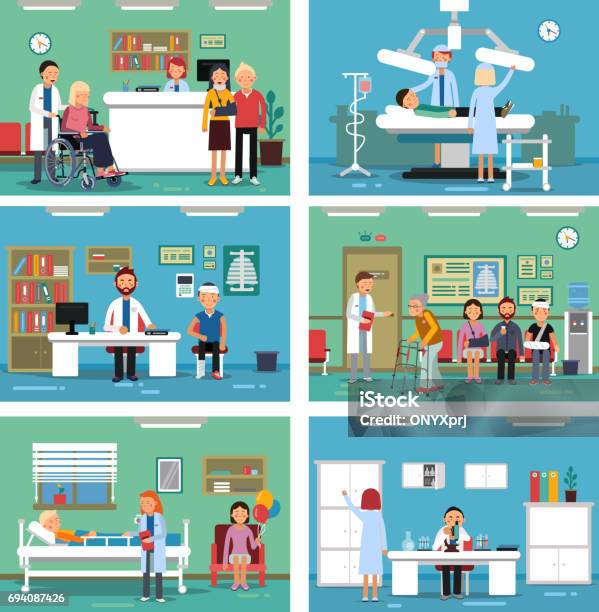 Medical Personnel At Work Nurse Doctor And Patients In Hospital Interiors Vector Illustration Stock Illustration - Download Image Now