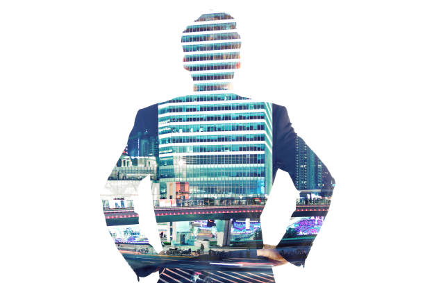 istock Businessman on city background 694090664