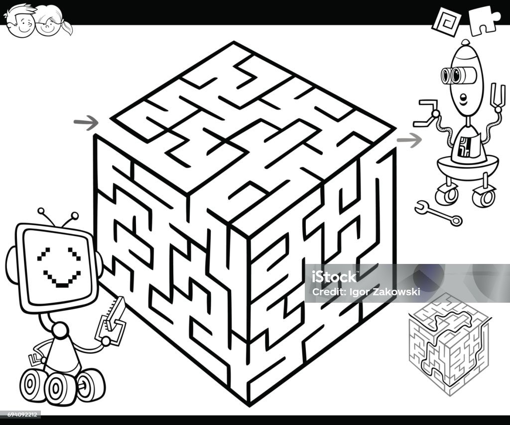 maze with robots for coloring Cartoon Illustration of Education Maze or Labyrinth Game for Children with Robot Characters Coloring Page Child stock vector