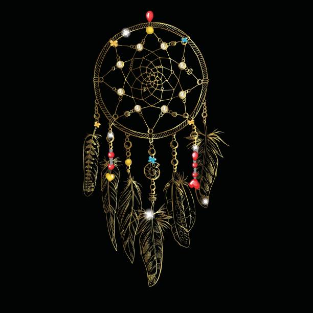 ilustrações, clipart, desenhos animados e ícones de dreamcatcher luxuoso dourado ornamentado com penas, pedras preciosas. astrologia, espiritualidade, símbolo mágico. elemento tribal étnico. - luxary