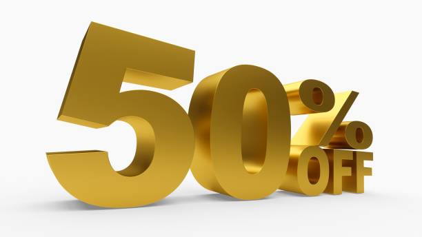 istock 3D rendering golden discount 50 percent off on white background 694095098