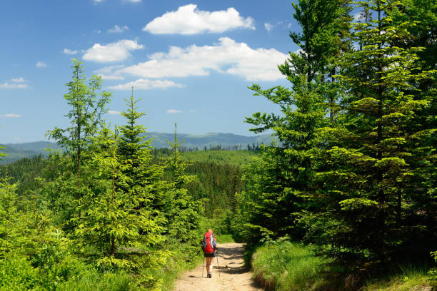 Hikings along tourist trails in the mountains Beskid in Poland with the backpack on the back
