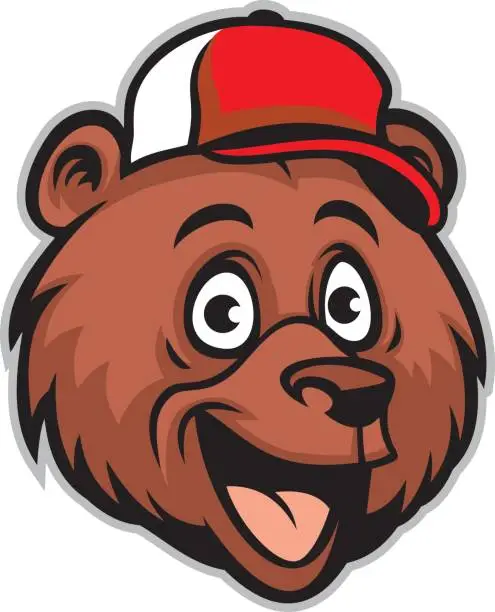 Vector illustration of cartoon cheerful bear head wearing a baseball cap