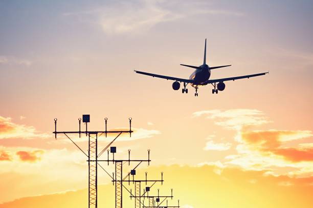 istock Airplane landing at the sunset 694117188