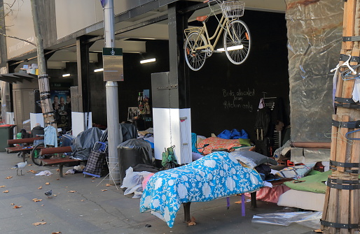 Sydney Australia - May 31, 2017: Unidentified homeless people set up their beds at Martin Place in downtown Sydney Australia.