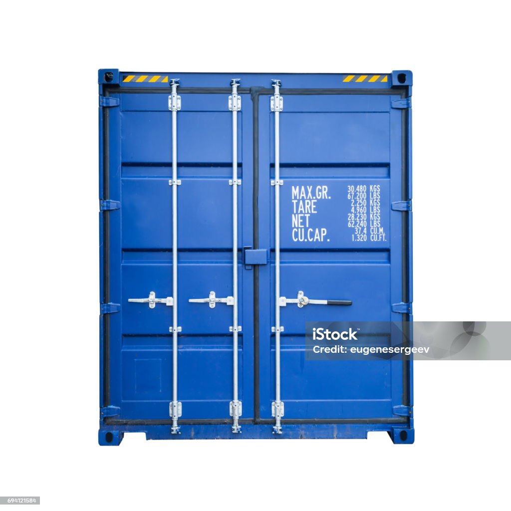 Closed blue standard shipping cargo container Closed blue standard shipping cargo container, gate side isolated on white background Container Stock Photo