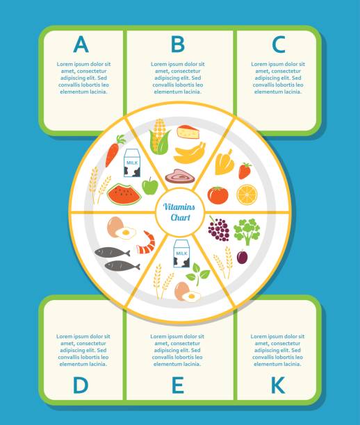 食べ物とビタミンのインフォ グラフィック グラフ。健康的な食事と食品のコンセプト - vitamin d meat food eggs点のイラスト素材／クリップアート素材／マンガ素材／アイコン素材
