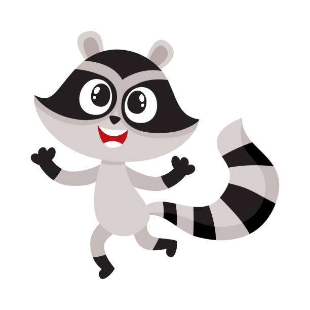 istock Cute happy raccoon character raising paws in welcoming gesture 694134356