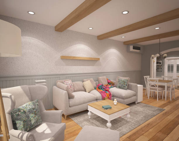 3d рендеринг дизайна интерьера гостиной - apartment design domestic room television стоковые фото и изображения