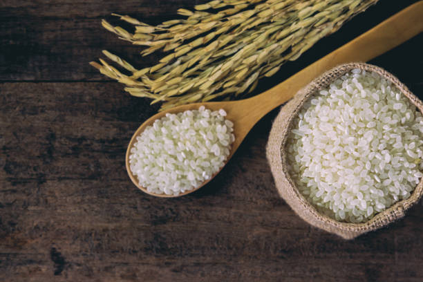 top view concept for japanese rice. background and texture of japanese rice for your web design and wallpaper. japanese rice in gunny sack and wood spoon put on rustic wood table. - gunny sack imagens e fotografias de stock