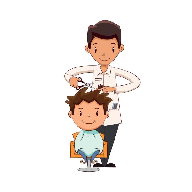Child getting a haircut Child getting a haircut, cute kid, barber shop, young man, cutting hair, person, hairdresser, stylist, happy cartoon character, vector illustration, isolated, white background haircut kid stock illustrations