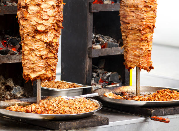 Shawarma Closeup picture of stacked meat roasting, shawarma shawarma stock pictures, royalty-free photos & images