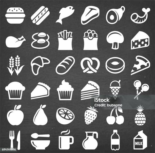 Food And Diet Vector Icon Set On Chalkboard Stock Illustration - Download Image Now - Pretzel, Apple - Fruit, Bread