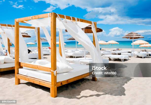 Beds In A Beach Club In Ibiza Spain Stock Photo - Download Image Now - Ibiza Island, Ibiza Town, Beach