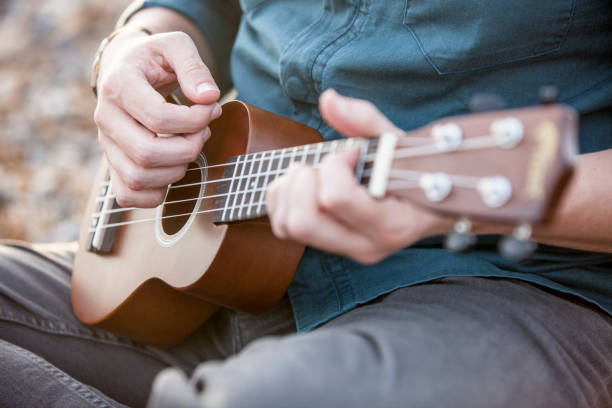 istock Close up of an ukulele being played by a man 694156510