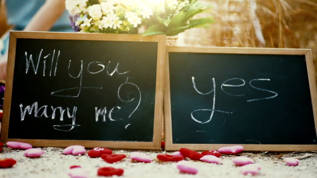 Wedding concept, will you marry me question and yes handwritten on blackboard.