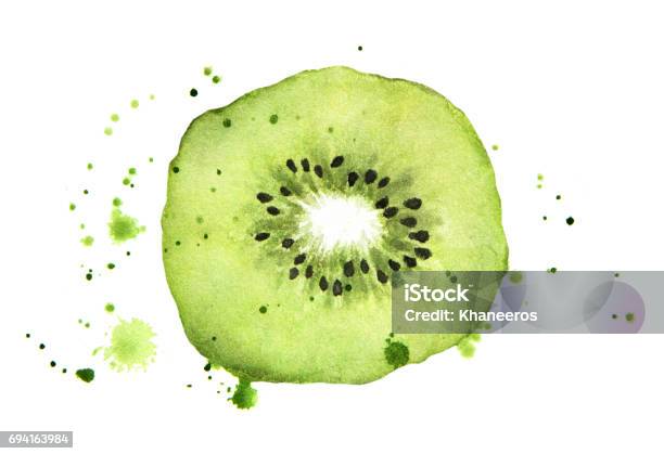 Fetta Di Kiwi Con Schizzi Isolati Su Sfondo Bianco Illustrazione Alimentare Ad Acquerello Pittura Darte - Immagini vettoriali stock e altre immagini di Frutto Kiwi