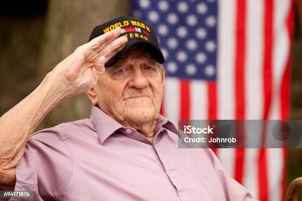 World War Two Veteran Wearing Cap With Text World War Two Veteran Saluting Stock Photo - Download Image Now