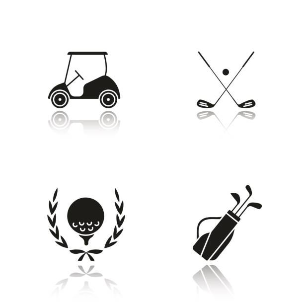 Golf championship icons Golf championship drop shadow vector icons set. Ball in laurel wreath, crossed clubs, cart and bag golf cart vector stock illustrations