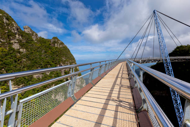 sky bridge, vista panorâmica - tropical rainforest elevated walkway pulau langkawi malaysia - fotografias e filmes do acervo