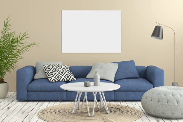 sala de estar interior moderno minimalista con marco sofá y cartel - loft apartment living room penthouse indoors fotografías e imágenes de stock
